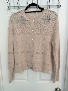Light Beige Openwork Button-Front Women’s Cardigan Sweater